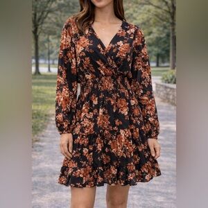 Floral Tiered V-Neck Long Sleeve Dress in Black and Rust